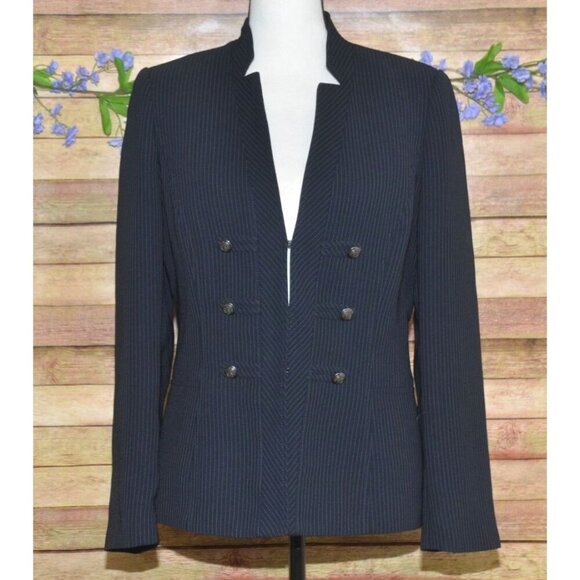 Tahari Navy Blue Pinstripe Blazer Jacket Military Button Accents Ladies Size 10 - Picture 1 of 13